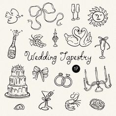 hand drawn wedding and anniversary doodles on white paper with the words'wedding tapestry '