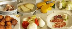 several pictures of different types of food including meats, vegetables and cheese on plates