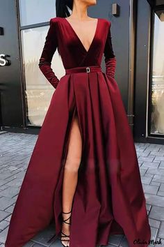 Olivia Mark - Refined Burgundy V-Neck A-Line Dress with Elegant Solid Patchwork Vestidos Color Vino, Prom Dress Green, Cheap Prom Dresses Online, Prom Dresses With Pockets, Custom Prom Dress, V Neck Prom Dresses, Long Sleeve Prom, Burgundy Prom Dress, فستان سهرة