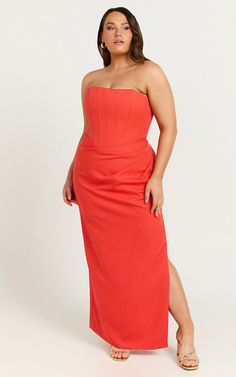 Avery Midi Dress - Strapless Draped Side Split Dress in Orange | Showpo USA Side Split Dress, Basic Black Dress, Neon Outfits, Bachelorette Dress, Spring Maxi Dress, Spring Capsule Wardrobe, Long Sleeve Knit Dress, Split Dress, Strapless Tops