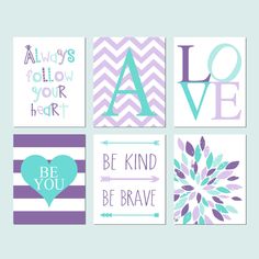 four purple and blue wall art pieces with the words love, always follow your heart