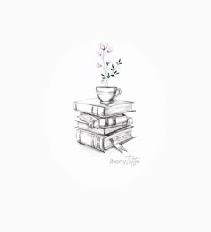 a drawing of a stack of books with a flower in the middle and a coffee cup on top