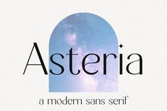 the word asteria written in black on a white background with blue and purple clouds