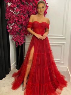 Off the Shoulder Dark Red Tulle Long Prom Dresses with High Slit, Dark Red Formal Graduation Evening Dresses SP2876 Formal Gowns Evening Dresses, Off The Shoulder Prom Dress, Girl Party Dress, Off Shoulder Evening Dress, Party Dress Women, Evening Dress Long, Red Corset, Red Evening Dress, Red Prom