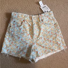 These Shorts Are Zara Signiture Denim Casual Mid-rise Bottoms With Floral Print, Trendy Denim Bottoms With Floral Print, Retro Floral Print Summer Bottoms, Retro Summer Floral Print Bottoms, Casual Mid-rise Floral Print Bottoms, Casual Floral Print Mid-rise Bottoms, Mid-rise Cotton Bottoms With Floral Print, Casual Denim Bottoms With Floral Print, Retro High Waist Bottoms For Spring