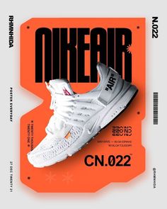 a pair of white sneakers on top of an orange and black poster with the words sneak