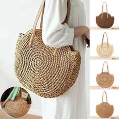 Features: This large round straw shoulder bag has a shoulder strap that you can carry or raise your hand. Beach bags are hand-woven and compact and organized, making them compact and easy to lose. Material: woven outer layer made of straw and cotton lining Size:about 41*37*22cm/47*41*24cm/44*41*24cm Color: As picture shown Package includes:1 * Handbag Note: 1.Transition: 1cm=10mm=0.39inch 2.Please allow 0-3mm error due to manual measurement. pls make sure you do not mind before you bid. 3.Due to the difference between different monitors, the picture may not reflect the actual color of the item. Thank you! Beach Bag Gift, Round Straw Bag, Leather Bag Handmade, Pool Essentials, Straw Beach Bag, Woven Handbags, Straw Handbags, Rattan Bag, Bohemian Summer