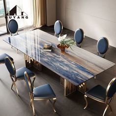 a dining room table with blue chairs around it