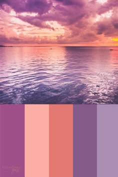 an image of the ocean with purple and pink hues in it, including clouds