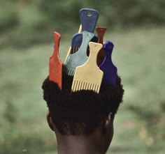 a person with a bunch of different colored combs on their head in the grass