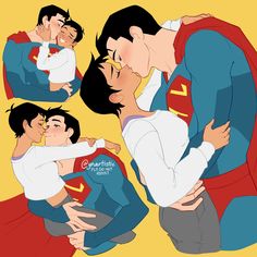 two people are hugging each other while wearing superman shirts and capes on their shoulders