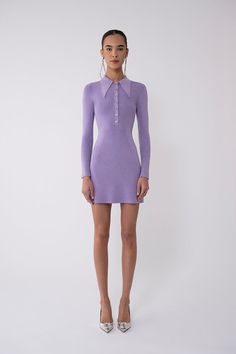 She's back and in a brand new color: the lurex mini polo dress, donning our signature, oversized, pointed collar, fit 'n flare shape, and ribbed stitch, now available in a soft violet. Isn't she perfect for your most flirtiest of soirees? Also available in Honeydew and Pink. Content: 75% viscose, 8% metal, 20% lycra. Model is 5' 9,5" and wearing size XS. View our size chart, shipping, and returns policy here. Fitted Polo Dress For Work With Collared Neckline, Elegant Spring Collared Polo Dress, Elegant Spring Polo Dress With Collar, Elegant Collared Polo Dress For Spring, Elegant Fitted Collared Polo Dress, Collared Fitted Mini Dress For Winter, Chic Collared Polo Dress For Spring, Fitted Polo Dress For Spring, Spring Mini Dress With Fitted Collared Neckline