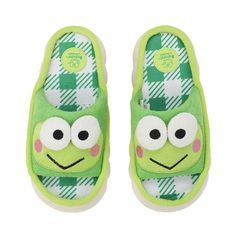 Womens Hello Kitty® Keroppi Slipper - Green / White Plaid | Journeys Keroppi Stuff, Cottage Build, Hello Kitty Keroppi, Green Slippers, Character Face, Open Toe Slippers, Inside My Head, Slide Slippers, Green Girl