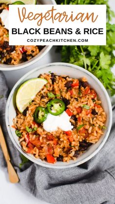 two bowls filled with mexican rice and vegetables