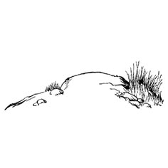 a black and white drawing of a rock with grass growing on it's side