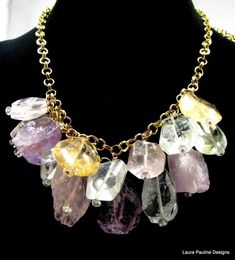 Choker necklaces are in right now! This necklace  consists of faceted nuggets of shimmering light blue aquamarine (25x15mm), shimmering natural pink kunzite (26x17mm), clear faceted citrine (22x19mm) , rose quartz, cape amethyst (17x24mm) and smooth green amethyst ( 24x15mm). They all dangle from a substantial two tier 14k gold filled rolo chain (5mm). Each gemstone has a sparkling faceted blue topaz at the bottom and is wire wrapped  onto the chain with14k gf headpins. The lobster clasp is 14k Monies Jewelry, Jewellery Making Tools, Red Topaz, Pink Kunzite, Labradorite Earrings, Leaf Jewelry, India Jewelry, Necklace Gemstone, Aquamarine Blue