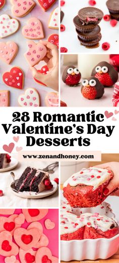 valentine's day desserts with hearts, cookies and cupcakes in them