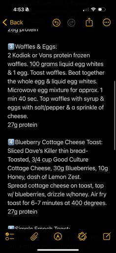 an iphone screen showing the recipe for blueberry cottage cheese toast with eggs and yogurt