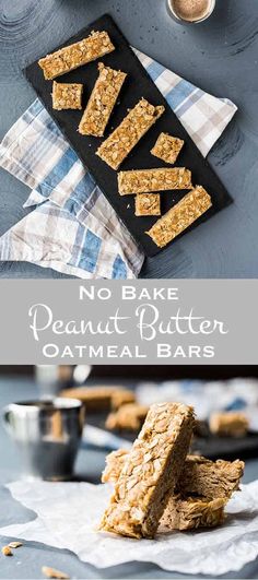 no bake peanut butter oatmeal bars stacked on top of each other