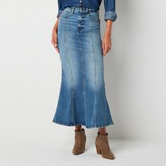 This a.n.a women's high-rise denim skirt will become a new wardrobe favorite. Made from recycled stretch-cotton, this pleated style has a washed vintage aesthetic with seamed panels, 5-pocket styling and a flared tulip skirt hem. Style yours casually or elevate it with a blouse and heels. Front Style: Pleated FrontClosure Type: Button & ZipperClosure Location: FrontPockets: 1 Front Coin Pocket, 2 Front Slip Pockets, 2 Back Slip PocketsRise: High RiseApparel Length: 40 InchesFiber Content: 79% Co High Rise Denim Skirt, Blue Jean Skirt, Skirts Denim, Long Denim Skirt, Tulip Skirt, Denim Skirt Women, Long Jeans, Cute Winter Outfits, Denim Skirts