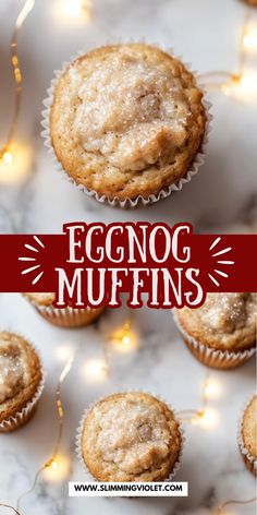 eggnog muffins on a marble surface with christmas lights in the background