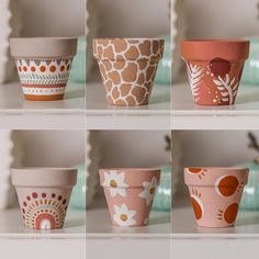 six flower pots with different designs on them