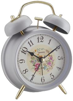 an alarm clock with two bells on the front and back of it's face