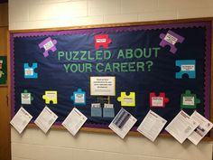 a bulletin board with pieces of paper taped to it that says, puzzle about your career?