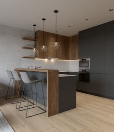 a modern kitchen with an island and bar stools