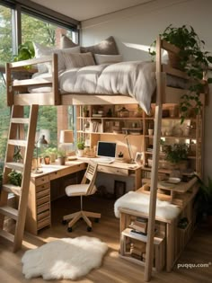 a loft bed with a desk and chair underneath it in front of a large window