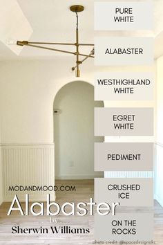 an empty room with white walls and wood floors, including the names of different rooms