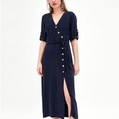 {Zara} Nwt Trf Button Front Midi Length Dress Xs Navy Blue 3/4 Sleeves Tie Waist Super Soft 89% Viscose, 11% Polyester. Sz Xs Armpit To Armpit-Approx 17” Waist-Approx 13” Across (26” Total) Length-Approx 48” Blue V-neck Maxi Dress With Buttons, Blue V-neck Maxi Dress With Button Closure, Summer V-neck Dress With Button Cuffs, Zara V-neck Dress With Button Closure, Chic Button-up Dress With Side Buttons, Blue V-neck Dress With Buttons, Zara Blue Dresses With Button Closure, Blue Zara Dress With Button Closure, V-neck Maxi Dress With Button Closure For Work