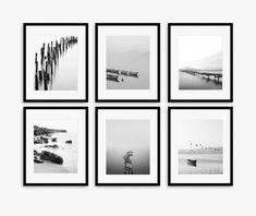 Wall Art Set of 6, Black and White Photo Set, Coastal Style Prints, Home Gallery, Gray Wall Decoration, Sea Landscape Photo, Unframed Photo - Etsy Norway Black And White Vintage Wall Art, Black And White Frames On Wall, Black Wall Frames, Matted Frames, Wall Hanging Photo Frames, White Photo Frames, Black Photo Frames