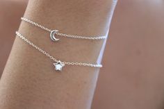 Tiny moon and star bracelet, layered bracelet, set of two bracelets, gift for girlfriend, sister gif Moon And Star Bracelet, Bracelet For Boys, Stars Bracelet, Layered Bracelet, Moon Bracelet, Bracelet Simple, Dainty Bracelet, Bracelet Dainty, Simple Bracelets