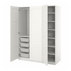 an open white closet with shelves and bins on the bottom, one door opened