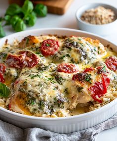 a casserole dish with chicken, tomatoes and cheese