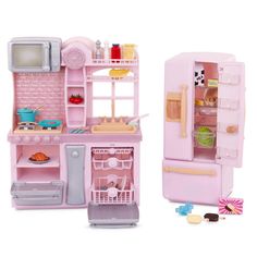 a pink toy kitchen with an oven, refrigerator and sink