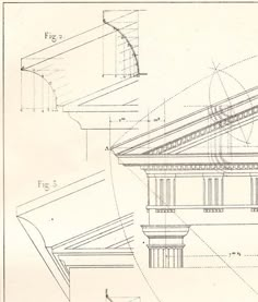 an architectural drawing shows the details of a building with columns and pillars, as well as other drawings