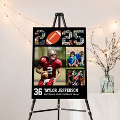 a football player is shown on a black and white poster with lights in the background