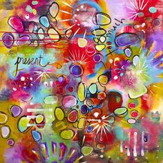 an abstract painting with lots of different colored shapes and words on it, including the word present