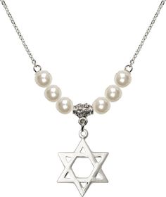 18" Rhodium Plated Necklace With 6mm Faux-Pearl Beads Featuring A Sterling Silver Star Of David Medal. Silver Star Of David Necklace For Formal Occasions, Silver Star-shaped Pearl Jewelry, Star-shaped Silver Pearl Jewelry, Silver Star-shaped Necklace For Formal Occasions, Silver Star Necklace For Formal Occasions, Formal Silver Star Of David Necklace, Classic Pearl Necklace With Silver Beads As Gift, Classic Pearl Necklace With Silver Beads For Gifts, Layered Cross Necklace