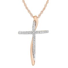 "Add a touch of divine style to your look with this 14k rose gold plated sterling silver diamond cross pendant. Add a touch of divine style to your look with this 14k rose gold plated sterling silver diamond cross pendant. Chain length: 18 in. Chain type: rope Metal: sterling silver Plating: 14k rose gold Finish: polished Packaging: boxedDIAMOND DETAILS Total weight: 1/10 ct. Shape: round Setting: prong Gemstones may have been treated to enhance their appearance. Special care may be required. Pl Elegant Rose Gold Diamond Cross Necklace, Rose Gold Cross Necklace With Diamond Accents, Rose Gold Cross Jewelry With Diamond Accents, Rose Gold Crucifix Necklaces For Anniversary, Rose Gold Crucifix Necklaces For Anniversaries, Diamond Cross Pendants, Diamond Cross, Cross Jewelry, Cross Pendant Necklace