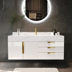 a bathroom vanity with a round mirror above it and a rug on the floor next to it