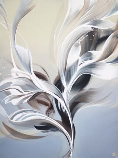 an abstract painting with white and black leaves on a light blue background is featured in this image