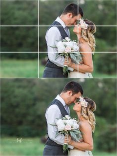 the bride and groom are posing for pictures in their wedding day attire with flowers on their bouquets