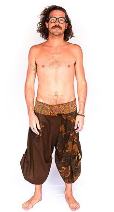 Samurai Fisherman Shorts in Brown Koi Fish-The High Thai-The High Thai-Yoga Pants-Harem Pants-Hippie Clothing-San Diego Hippie Festival Bottoms With Built-in Shorts, Baggy Cotton Pants With Built-in Shorts, Hippie Style Brown Bottoms For Festival, Hippie Style Brown Festival Bottoms, Brown Hippie Bottoms For Festival, Casual Brown Bottoms For Festival, Cotton Wide Leg Festival Bottoms, Cotton Wide-leg Bottoms For Festivals, Hippie Style Wide Leg Brown Bottoms