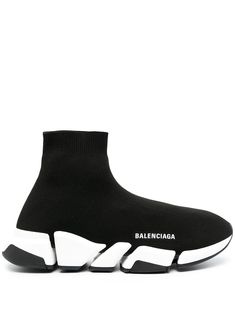 black/white cotton slip-on style sock-style ankle round toe logo print to the side segmented rubber sole Balenciaga Sock Shoes, Tenis Balenciaga, Balenciaga Fashion, Balenciaga Sneakers, Balenciaga Speed, Sock Sneakers, Leather Outerwear, Brown Leather Shoulder Bag, Balenciaga Shoes