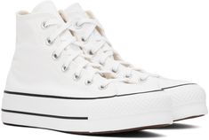 High-top canvas sneakers in white. Rubberized logo patch at inner side and heel. · Rubber cap toe · Lace-up closure · Eyelets at inner side · Rubber platform midsole · Treaded rubber outsole · Platform: H1.5 in Supplier color: White/Black/White White All Star, All Star Platform, Converse White, Canvas Sneakers, Platform Sneakers, Converse High Top Sneaker, Converse Chuck Taylor High Top Sneaker, Sneakers White, High Top