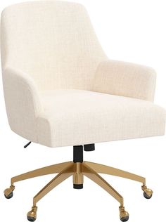 an office chair with wheels and a white upholstered fabric seat, viewed from the front