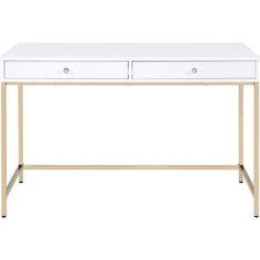 a white desk with two drawers on the top and one drawer at the bottom, against a white background